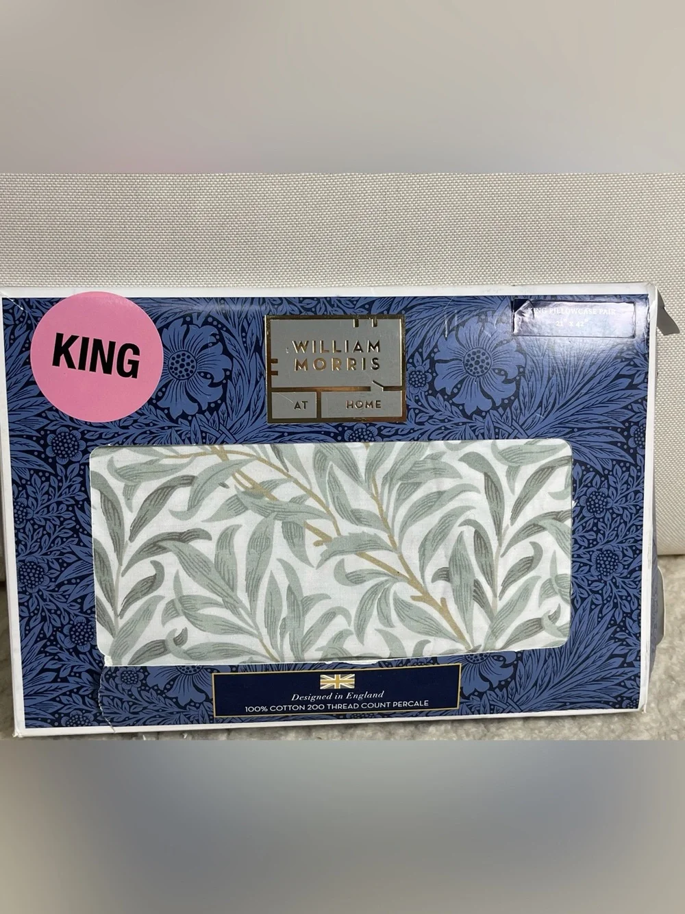 2 WILLIAM MORRIS Willow Bough Soft Mineral 200 TC Cotton King Pillowcases NIB